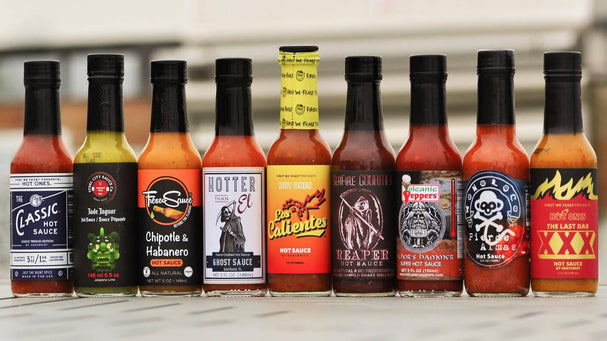 A lineup of Heatonist hot sauces.