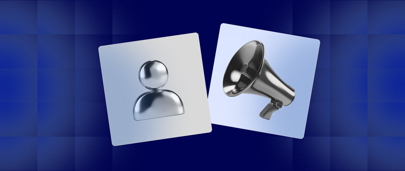 Two cards on a blue background: one displays a shiny metallic human icon, the other a megaphone.